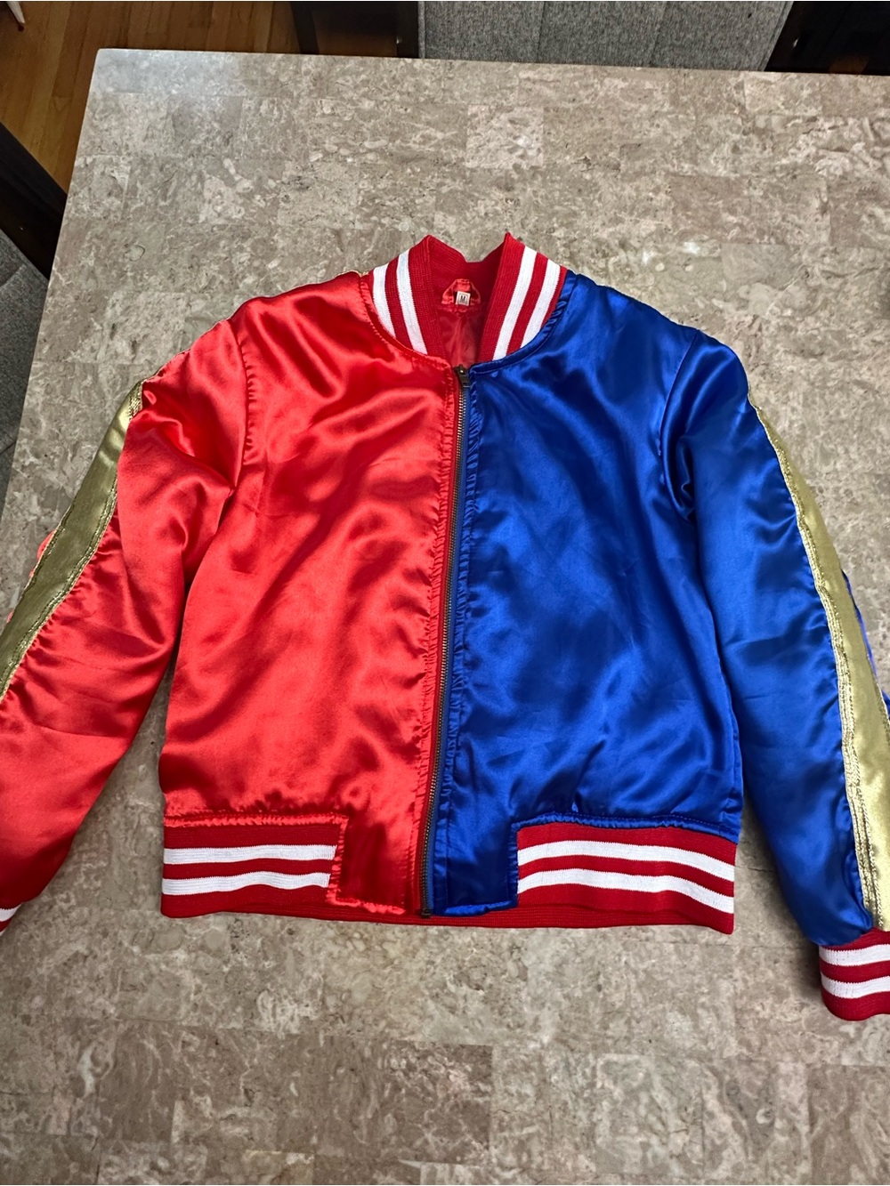 Red & Blue Satin Bomber Jacket with Gold Sleeve Trim comic con fans